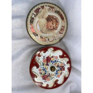 Vintage Floral Rose Cherub Metal Tin Round Container England Angel Biscuit 2